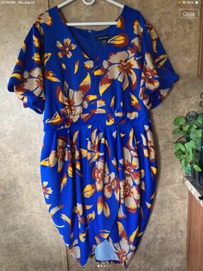 Ashley Stewart Royal Blue Midi Dress with Yellow and Cream Floral Print